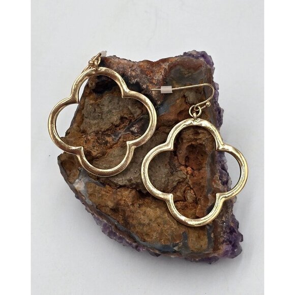 Goldtone Dangle Four Leaf Clover Earrings Rhinestone Crystal Accents 1.5" - Picture 5 of 6